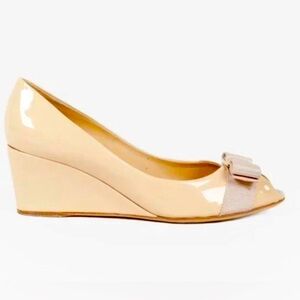 Salvatore Ferragamo Nude Patent Leather Sissi Bow Wedges
